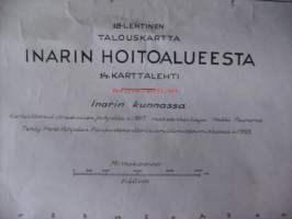 Talouskartta  Inarin hoitoalueesta 14. karttalehti/ 18 Inarin kunnassa kartoittanut ilmakuvien pohjalta 1957 metsänarvostelija Kullervo Kuusela / kartta 73 x100 cm