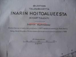 Talouskartta  Inarin hoitoalueesta 16. karttalehti/ 18 Inarin kunnassa kartoittanut ilmakuvien pohjalta 1957 metsänarvostelija Kullervo Kuusela / kartta 73 x100 cm