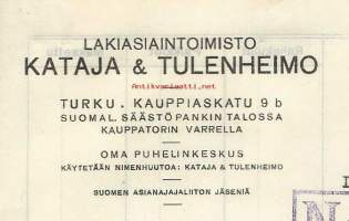 Kataja &amp; Tulenheimo Lakiasiantoimisto Turku 1935  - firmalomake