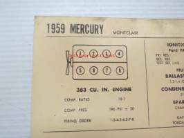 Mercury Montclair 1959 Data sheet / Sun Electric Corporation -säätöarvot taulukko