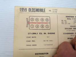 Oldsmobile 88, Super 88-89 1959 Data sheet / Sun Electric Corporation -säätöarvot taulukko