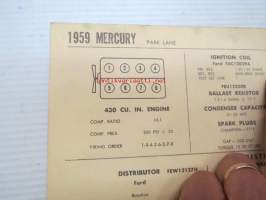 Mercury Park Lane 1959 Data sheet / Sun Electric Corporation -säätöarvot taulukko