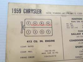 Chrysler  New Yorker-MC3-H, MC-3, C300 1959 Data sheet / Sun Electric Corporation -säätöarvot taulukko