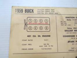Buick Invicta - Series 4600, Electra Series 4700, Electra 225 Series 4800 1959 Data sheet / Sun Electric Corporation -säätöarvot taulukko