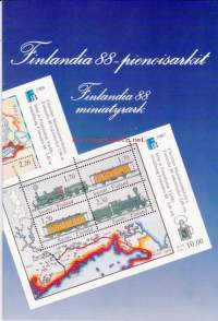 Finlandia 88 -pienoisarkit ** Postin alkuperäispakkauksessa.  Sis. blokit 1-4-.  Postitoiminta, vanhat junat, laivat, lentokoneet.