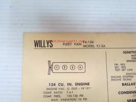 Willys F-134 Fleet Van Model FJ-3A 1963 Data sheet / Sun Electric Corporation -säätöarvot taulukko