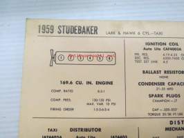 Studebaker Lark &amp; Hawk 6 cyl. - Taxi 1959 Data sheet / Sun Electric Corporation -säätöarvot taulukko