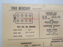 Mercury Monterey 1960 Data sheet / Sun Electric Corporation -säätöarvot taulukko