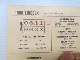 Lincoln &amp; Continental 1960 Data sheet / Sun Electric Corporation -säätöarvot taulukko