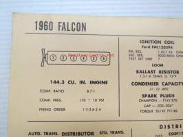 Ford Falcon 1960 Data sheet / Sun Electric Corporation -säätöarvot taulukko