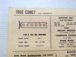 Comet All Models 1960 Data sheet / Sun Electric Corporation -säätöarvot taulukko