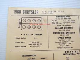 Chrysler New Yorker PC3-H C-300-300F 1960 Data sheet / Sun Electric Corporation -säätöarvot taulukko