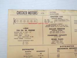 Checker Motors A10L Superba, Marathon 1960 Data sheet / Sun Electric Corporation -säätöarvot taulukko