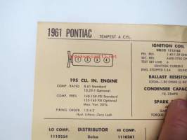 Pontiac Tempest 4 cyl. 1961 Data sheet / Sun Electric Corporation -säätöarvot taulukko