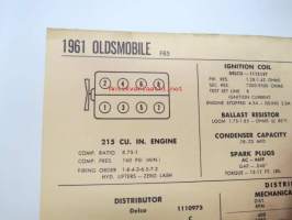 Oldsmobile F85 1961 Data sheet / Sun Electric Corporation -säätöarvot taulukko