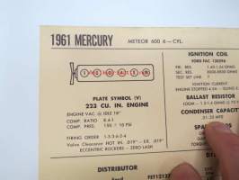 Mercury Meteor 600 6-cyl. 1961 Data sheet / Sun Electric Corporation -säätöarvot taulukko