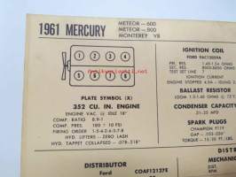 Mercury Meteor 600, Meteor 800, Monterey V8 1961 Data sheet / Sun Electric Corporation -säätöarvot taulukko
