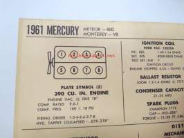 Mercury Meteor 800, Monterey V8 1961 Data sheet / Sun Electric Corporation -säätöarvot taulukko