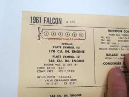 Ford Falcon 6 cyl. 1961 Data sheet / Sun Electric Corporation -säätöarvot taulukko