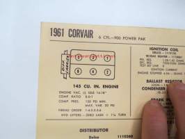 Dodge Corvair 6 cyl.-900 Power Pak 1961 Data sheet / Sun Electric Corporation -säätöarvot taulukko