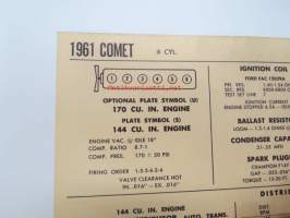 Comet 6 cyl. 1961 Data sheet / Sun Electric Corporation -säätöarvot taulukko