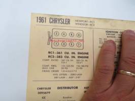 Chrysler Newport RC1, Windsor RC2 1961 Data sheet / Sun Electric Corporation -säätöarvot taulukko