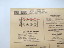 Buick Invicta 401 Series 4600, Electra Series 4700, Electra 225 - Series 4800 1961 Data sheet / Sun Electric Corporation -säätöarvot taulukko