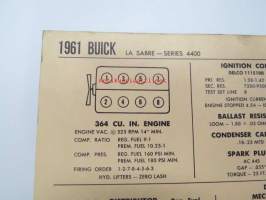 Buick Le Sabre Series 4400 1961 Data sheet / Sun Electric Corporation -säätöarvot taulukko