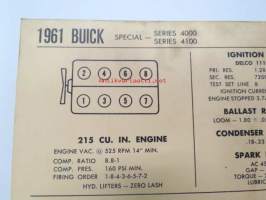 Buick Special - Series 4000, Series 4100 1961 Data sheet / Sun Electric Corporation -säätöarvot taulukko