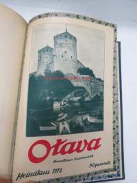 Otava - Kuvallinen kuukauslehti 1913 -sidottu vuosikerta, sisältää runsaasti mielenkiintoisia artikkeleita eri aihepiireistä, painokuvia, kannet sidottu tässä