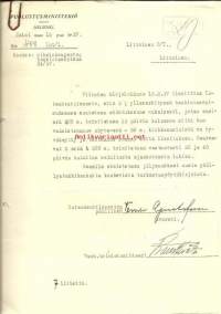 Puolustusministeriö 1937  - firmalomake liitteenä 7 kpl Vaatetusvarikon pöytäkirjaa