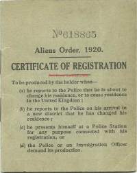 Certificate of registration Aliens Order 1920 - Suomen kansalainen Iso-Britania 1934 - rekisteröintitodistus Englanti