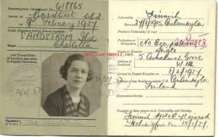 Certificate of registration Aliens Order 1920 - Suomen kansalainen Iso-Britania 1934 - rekisteröintitodistus Englanti