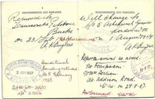 Certificate of registration Aliens Order 1920 - Suomen kansalainen Iso-Britania 1934 - rekisteröintitodistus Englanti