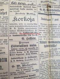 Turun Lehti 7.12.1893 (nr 143) &quot;Tuorstaina Joulukuun 7 pnä.&quot; Sis. mm. Paloviinan hankinta tarjospyyntö, Jokioisilla &quot;Wiimis lauwantai-iltana oli kowa lumipyry