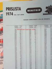 Minitrix 1973-74 takakannessa on 4 postikorttia ja erillinen hinnasto -pienoismallikuvasto
