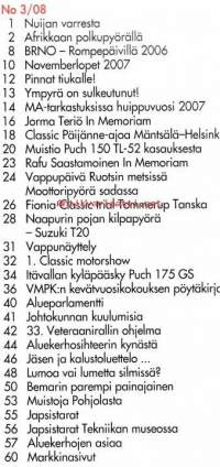 Huimapyörä  3/2008. Veteraanimoottoripyöräklubin jäsenlehti.  Katso sisällysluettelo kuvasta.