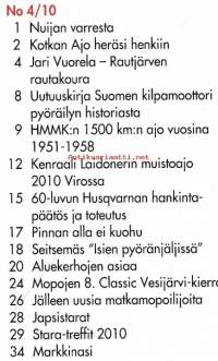 Huimapyörä 4/2010. Veteraanimoottoripyöräklubin jäsenlehti.  Katso sisällysluettelo kuvasta.