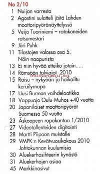 Huimapyörä 2/2010. Veteraanimoottoripyöräklubin jäsenlehti.  Katso sisällysluettelo kuvasta.
