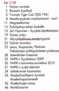 Huimapyörä 1/2010. Veteraanimoottoripyöräklubin jäsenlehti.  Katso sisällysluettelo kuvasta.