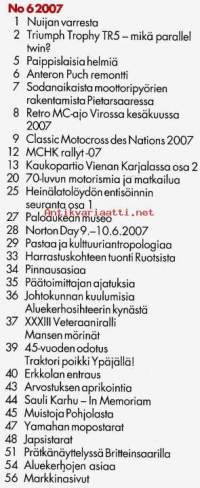 Huimapyörä 6/2007. Veteraanimoottoripyöräklubin jäsenlehti.  Katso sisällysluettelo kuvasta.