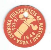 Svenska Folkpartiets 42. partidag i Vasa 1948 - rintamerkki  pahvia 35 mm