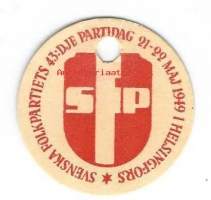 Svenska Folkpartiets 43. partidag i Vasa 1949 - rintamerkki  pahvia 35 mm