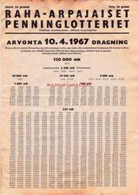 Raha-arpajaiset voittoluettelo /virallinen arvontaluettelo10.4.1967