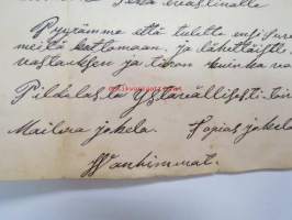 Hyvä päivää. Loimaan Pildolasta Helmikuun 17.päivä 1882. Tällä mutamalla sanalla lähestymme mee Wanha isä ja äiti teitä rakkat lapsemme ja tietä