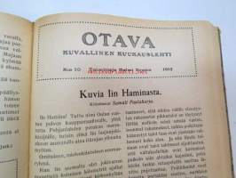 Otava - Kuvallinen kuukauslehti 1915 -sidottu vuosikerta, sisältää runsaasti mielenkiintoisia artikkeleita eri aihepiireistä, painokuvia, kannet sidottu tässä