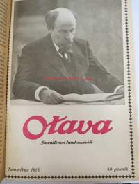 Otava - Kuvallinen kuukauslehti 1915 -sidottu vuosikerta, sisältää runsaasti mielenkiintoisia artikkeleita eri aihepiireistä, painokuvia, kannet sidottu tässä