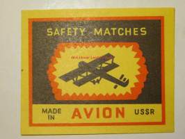 Avion - safety matches-tulitikkuetiketti (Neuvostoliitossa valmistettu)