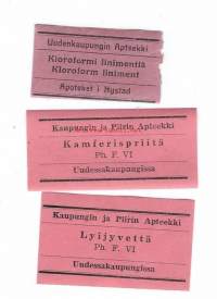 Erä apteekkietikettejä 3 kpl  Uusikaupunki -apteekkietiketti