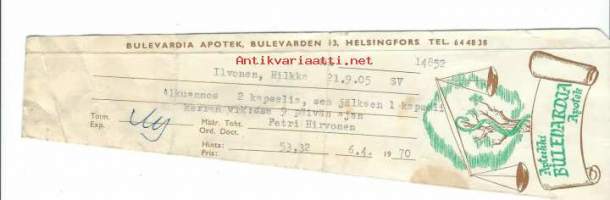 Apteekki  Bulevardia Helsinki -   resepti signatuuri  1970